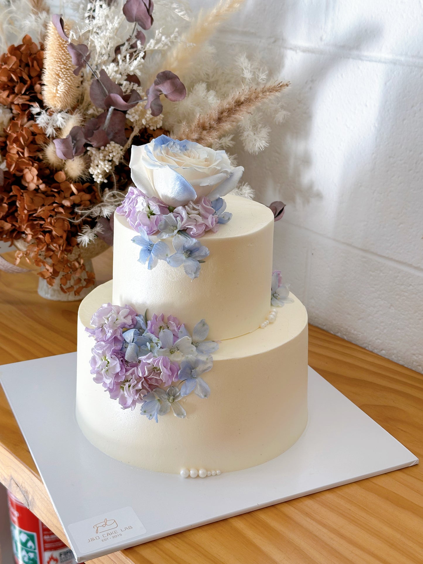 Fresh Delphimium Wedding Cake