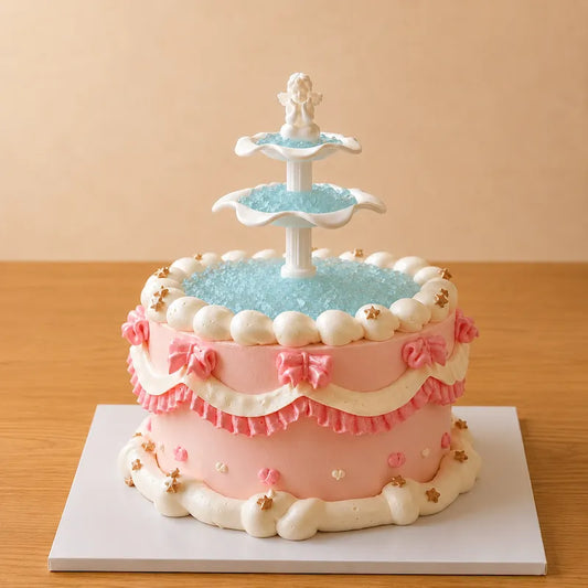 Pink Wishing Fountain vintage cake with an angel topper, blue water effect and bows in Adelaide