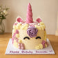 Fondant unicorn birthday cake with pink horn, piped flowers and buttercream finish in Adelaide