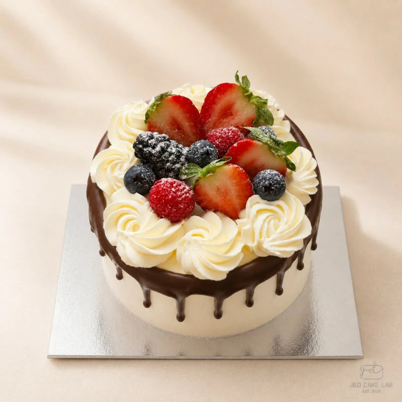 Top view Chocolate strawberry cream cake with a chocolate collar and fresh berries in Adelaide