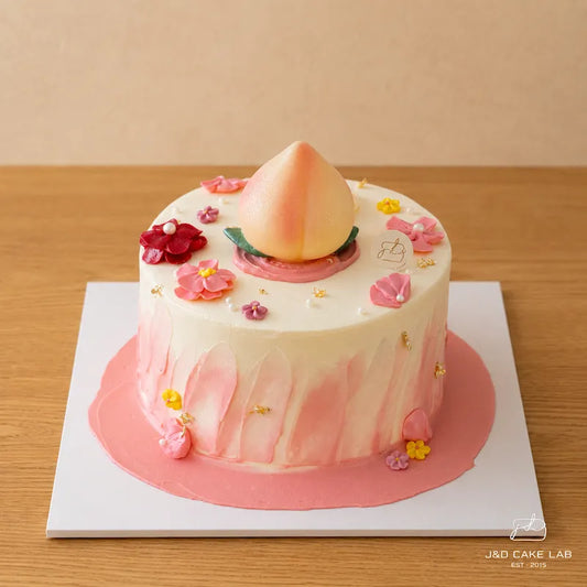 Chinese ‘Longevity Peach’ Cake with fresh cream, buttercream flowers and pink details in Adelaide