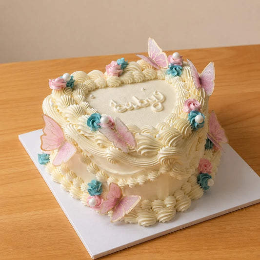 Vintage heart-shaped gender reveal cake with ivory cream piping, butterflies and pastel floral details in Adelaide