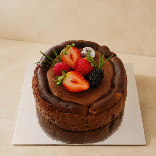 Chocolate Basque Burnt Cheesecake with strawberries and seasonal berries in Adelaide
