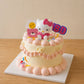 Three-quarter view of Vintage Hello Kitty Birthday Cake with pink cream piping and retro bow details