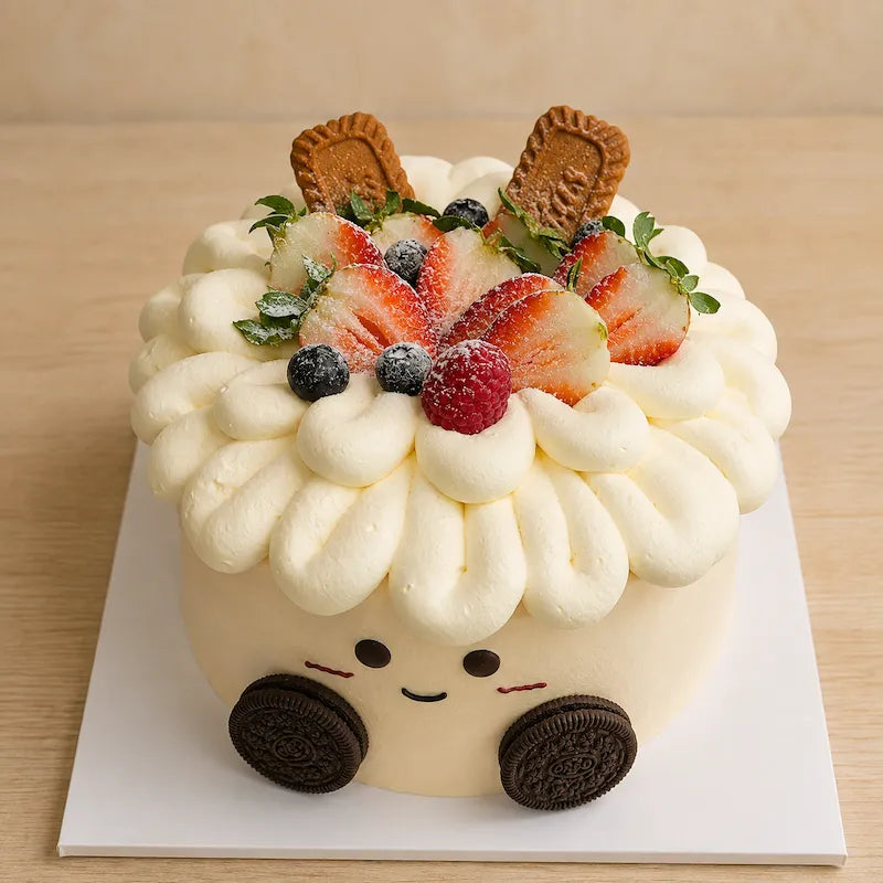 High-angle view of Jellycat Style Fruit Cake with fresh fruit, biscuits and layered cream piping