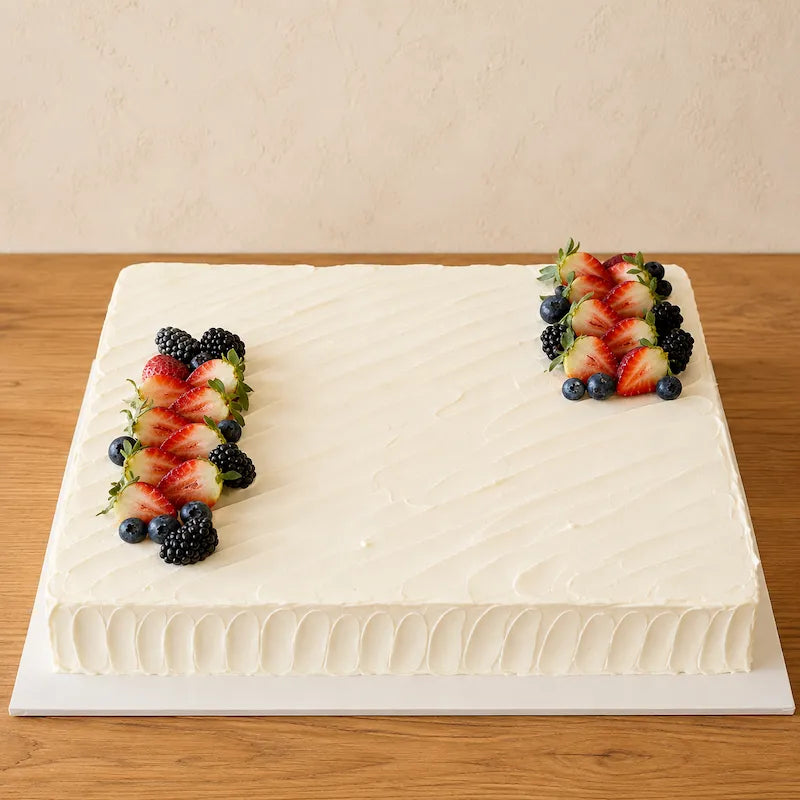 Front view of vanilla strawberry slab cream cake with strawberry, blueberry and blackberry decoration