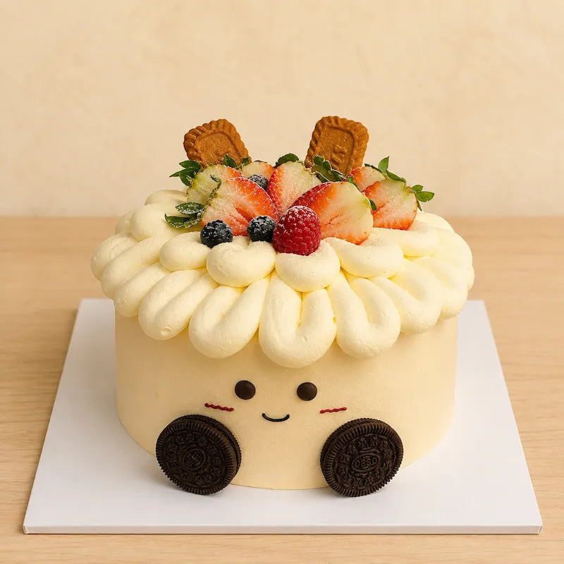 Side-angle view of a cute character fruit cake with fresh cream piping and Oreo-style cookie details
