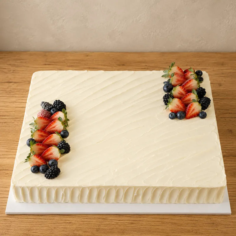 High-angle view of large strawberry slab cake with smooth cream finish and seasonal berries