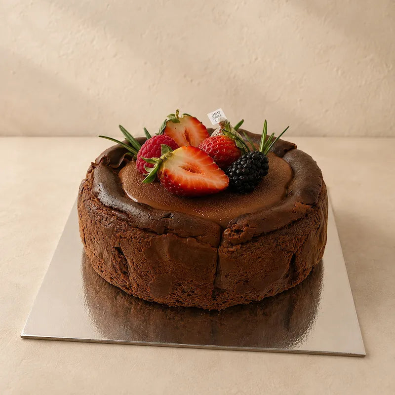 High-angle view of chocolate Basque cheesecake topped with strawberries, raspberry and blackberry