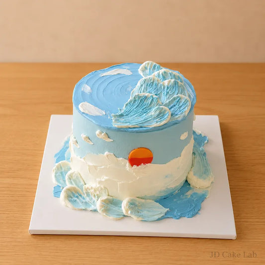 Ocean sunset fresh cream cake with blue and white buttercream waves in Adelaide
