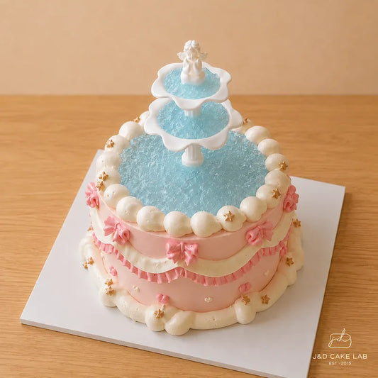 Front view of a Wishing Fountain vintage cake with ruffled piping, bows and gold star details
