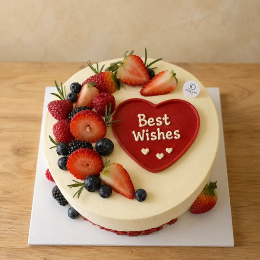 Personalised heart message cake with strawberries and seasonal berries in Adelaide