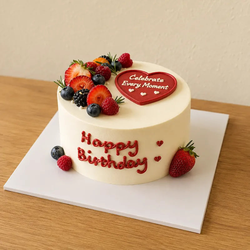 Three-quarter view of seasonal fruit celebration cake with custom heart message plaque