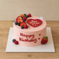 Front view of pink heart message cake with seasonal fruit and personalised cream writing