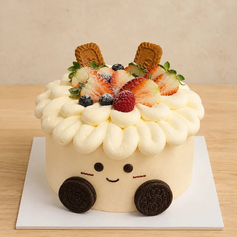 Jellycat Style Fruit Cake with fresh berries, piped cream and cute cookie details in Adelaide