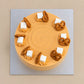 Top view of Thai Tea Velvet cake with a spiral cream finish surrounded by piped swirls, white cubes and pretzels.