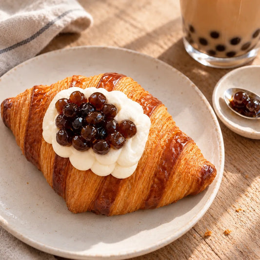 Signature Bubble Tea Lava Croissant topped with plain cream and glossy tapioca pearls, served beside a glass of milk tea.