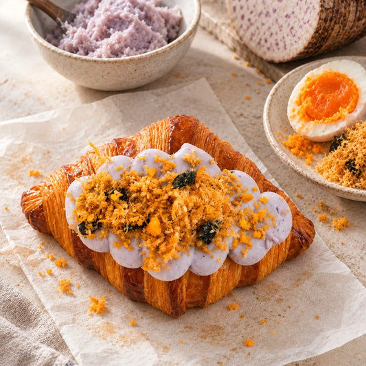 Golden Lava Taro Croissant topped with purple taro cream and golden pork floss, beside fresh taro and a halved salted egg.