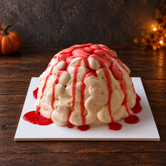 Front view of J&D Cake Lab’s Zombie Brain Halloween Cake with ivory cream piping and dripping red sauce.