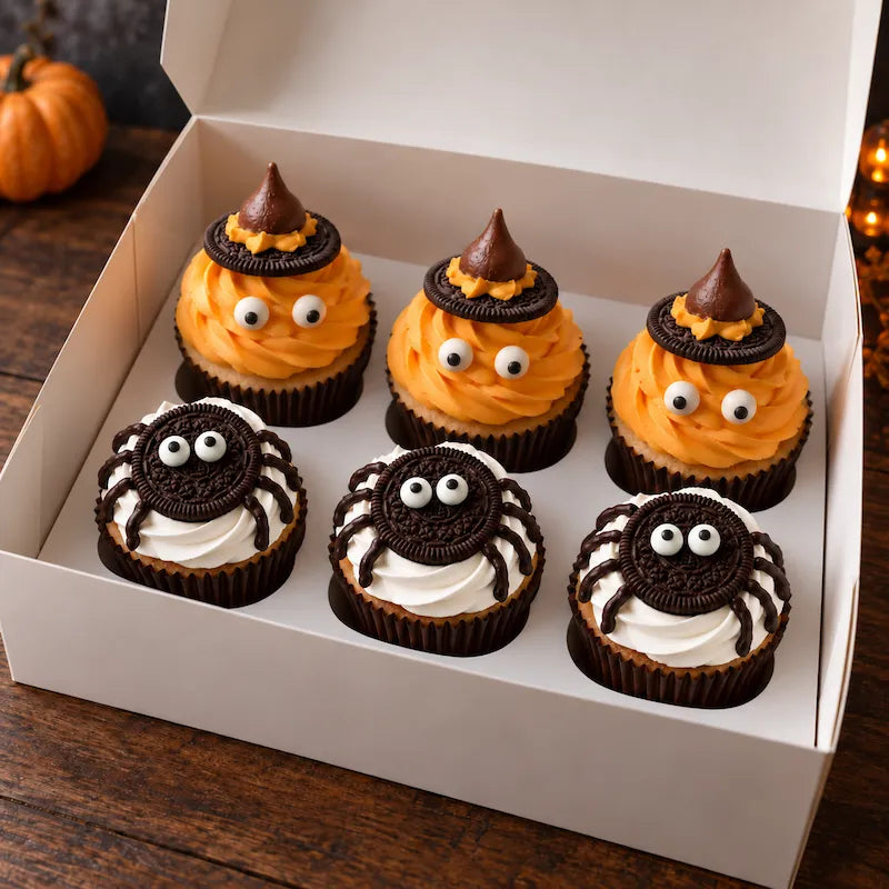 Box of six Halloween cupcakes with three orange witch hats and three white cream Oreo spiders in dark brown paper cups.
