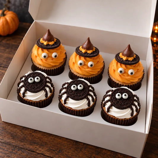 Box of six Halloween cupcakes with three orange witch hats and three white cream Oreo spiders in dark brown paper cups.