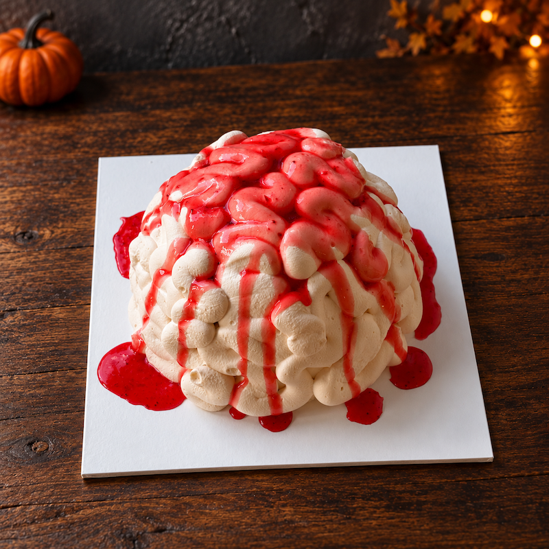 High-angle view of a Halloween brain cake showing winding cream folds and red sauce over the rounded top.