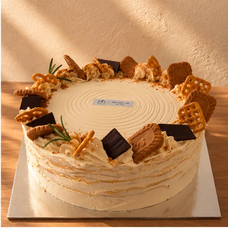 Earl Grey crepe cake with sea salt Biscoff cream and biscuit decoration